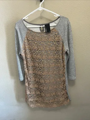 dolan Beige Crochet-Front Long Sleeve Dress with Gray Raglan Sleeves thumbnail 5