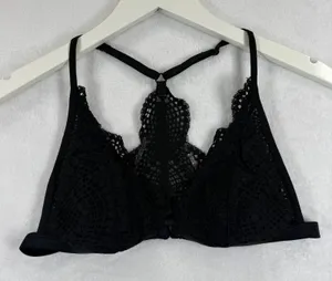 Victorias Secret Black‎ Floral Lace Front Close Racerback Bralette Large READ thumbnail 1