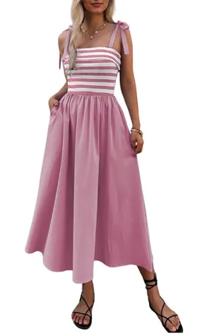 NEW Tie Strap Striped Midi Stretch Dress Pockets Small thumbnail 1