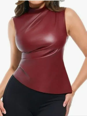 NWT Popilush Sleeveless Faux Leather Mock Neck Tank Top Bodysuit Maroon thumbnail 2