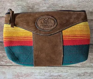 Handmade Guatemalan Leather & Woven Material Clutch Purse Cosmetic Bag 7.5" x 5" thumbnail 1