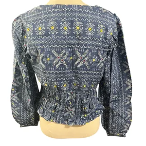 Forever That Girl Anthropologie Wmn's Blue Top Sz S Smocked Embroidered Festival thumbnail 4