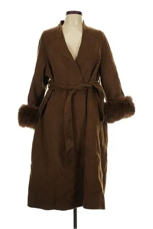 Source Unknown Women’s Brown Wool-Feel Belted Maxi Coat Faux Fur Cuffs Size L thumbnail 1