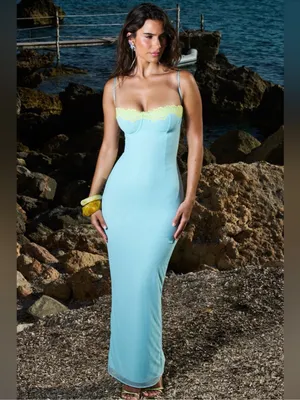 House of CB Aiza Ocean Blue Contrast Lace Maxi Dress L thumbnail 12