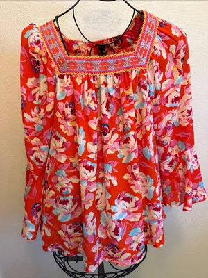 ❤️❤️❤️BOGOHO❤️❤️❤️Floral Red Peasant Blouse with Embroidered Square Neck-Large thumbnail 1