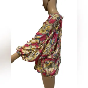 Zac & Rachel Watercolor Boho Blouse Sleeve Ruffle size L thumbnail 3