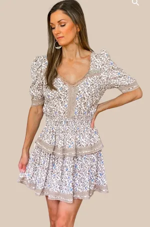 Olivaceous Beige and Blue Floral Prairie Costume Dress thumbnail 1