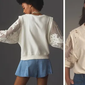 Anthropologie White Embroidered Cutwork Sweatshirt – Size XS (Oversized Fit) thumbnail 3