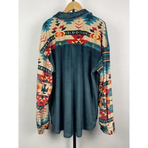 Rowdy Crowd Blue Western Aztec Soft Ribbed Velvet Long Sleeve Button‎ Up Shirt L thumbnail 6