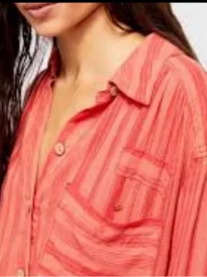 We The Free Coral Stripe Button-Front Tunic thumbnail 2