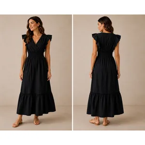 Molly Bracken Black Cotton Ruffle Maxi Dress Smocked Waist V-Neck‎ Size M thumbnail 2