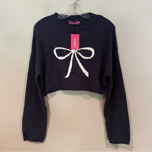 EDIKTED Knit Bow Cropped Sweater‎ Women's XS/S Navy Boho Dainty Coquette Girl thumbnail 6