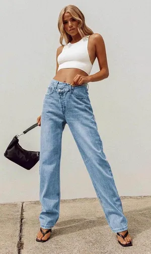 Princess Polly HOLLY ASYMMETRIC STRAIGHT LEG JEAN LIGHT WASH DENIM LOWER IMPACT thumbnail 1