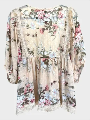 POL Floral Print Lace Detail 3/4 Sleeve Sheer Top Size S thumbnail 2