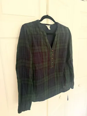 L.L. Bean Green Blue Plaid Tartan Blouse Peasant Top 100% Cotton Size Medium thumbnail 3