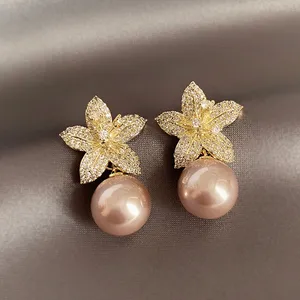 Elegant Flower Pearl Dangle Drop Earrings for Women thumbnail 1