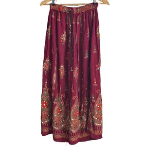 Boho Burgundy Paisley Sequin Embroidered Maxi Skirt Size Small Elastic Waist thumbnail 2