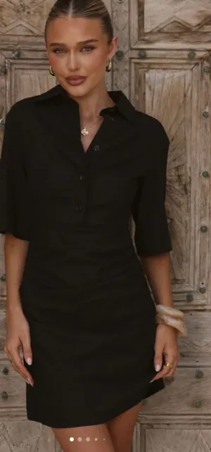 Billy J Sydney Mini Dress Black Linen Collared Ruched thumbnail 1