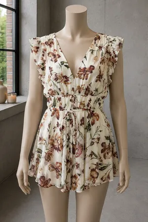 Lulus Floral Print Flowy Romper V-Neck Tie Waist Size L thumbnail 1