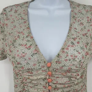 Coquette Y2K Mini Floral Mesh Top Sz M Deep V Ruch Festival Crop Cottage Fairy thumbnail 3