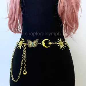 Gold Y2K Celestial Sun Moon Butterfly Chain Belt, Fits 30 to 47 Inches, X7GA1325 thumbnail 4