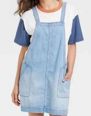 Universal Threads Denim Overall Dress Jumper Light Wash Pockets Sleeveless Sz XL thumbnail 1