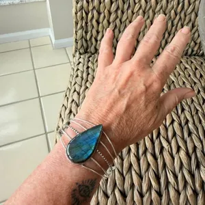 Large Labradorite Cuff Bracelet Silver Plated Blue Flash Adjustable thumbnail 1