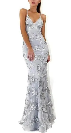 NWT ~ Gray Silver Sequins Mesh Halter V-Neck Backless Lace Up Gown Dress ~ SMALL thumbnail 1