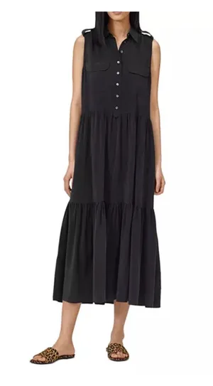 Equipment Femme Black Silk Allix Tiered Button Front Midi Dress Sz.M thumbnail 1