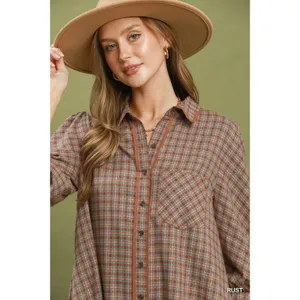Umgee Plaid Button Down Oversized Shirt Dress - Rust - Medium thumbnail 6
