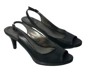 Trotters Omega Black Leather Slingback Peep Toe‎ Kitten Heels Pumps 9N thumbnail 1
