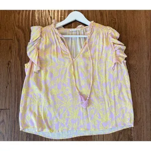 Karlie pink and yellow ruffle sleeve tassel tie top large thumbnail 6