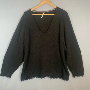 Free People Irresistible Fringe Black V-Neck Sweater Sz Medium Indie Granola thumbnail 2