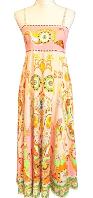 Bohemian Paisley Maxi Dress Size L Pink Multicolor Festival Psychedelic‎ Smocked thumbnail 1