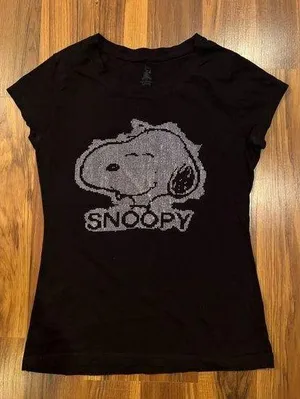 Juniors Peanuts Tee Shirt Snoopy Black Faux Rhinestones Cotton Blend large thumbnail 1