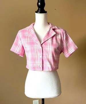 SHEIN | Pink Plaid Cropped Button Down Top Sz L thumbnail 1