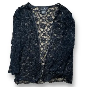 Vintage Laurence Kazar Black Beaded Lace Sheer Open Front Evening Jacket Romance thumbnail 3