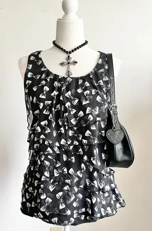 Black Bow‎ Asymmetrical Tiered Top, Coquette, Lolita, J-fashion, Harajuku, Small thumbnail 1