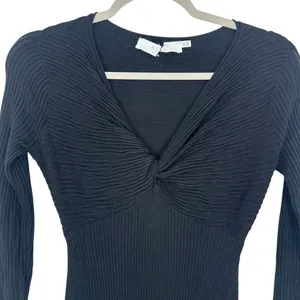 ASTR The Label Black Ribbed‎ Knit Twist Front V Neck Midi Dress XS Date Night thumbnail 3