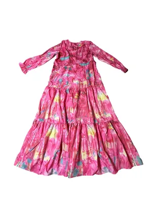 Pink Abstract Floral Tiered Maxi Dress Long Sleeve Faux Wrap Medium thumbnail 4