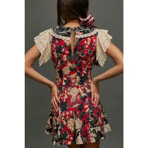 FREE PEOPLE Red White Bali Antoinette Corduroy Lace Mini Dress size Large thumbnail 6