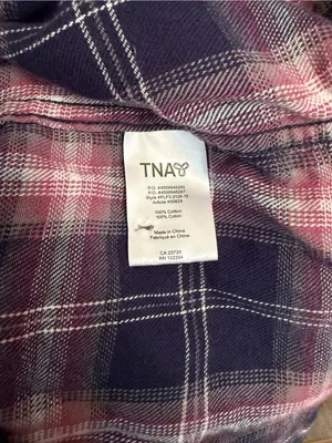 TNA by Aritzia Soft Oversized Plaid Flannel Button Up Shirt Navy Pink Purple Med thumbnail 6
