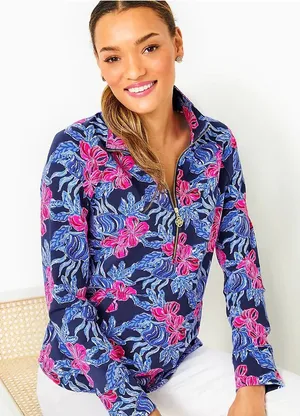 Lilly Pulitzer UPF 50+ Skipper Popover in Low Tide Navy‎ Its Ofishell Blue Pink thumbnail 1