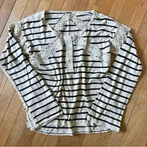 Free People Striped Cotton Crochet Lace Trim Long Sleeve Top Womens Small Boho thumbnail 8