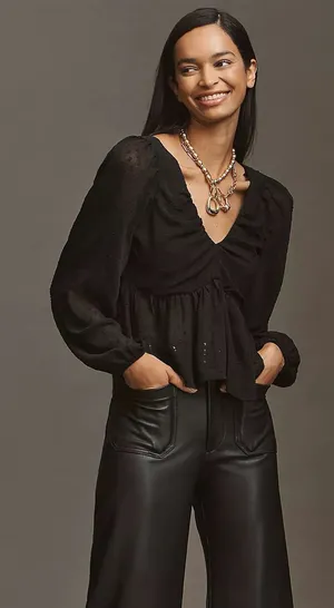 NWT! Anthropologie Black V-Neck Peplum Blouse thumbnail 1