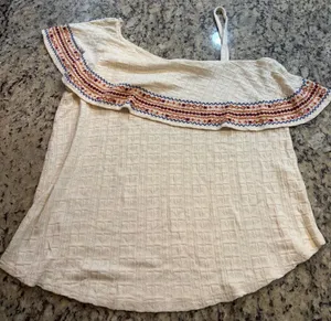 Lucky Brand Cream One-Shoulder Embroidered Ruffle Top thumbnail 1