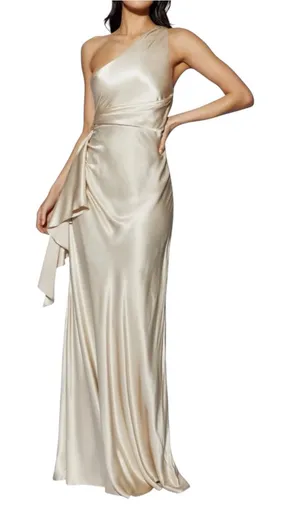 Meshki Calliope One Shoulder Satin Gown Maxi Dress LARGE in Champagne thumbnail 1