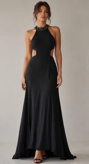 Faviana Black Beaded Halter Cutout Open Back Formal‎ Gown Size 2 thumbnail 1