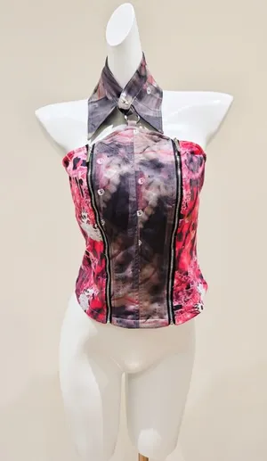 Edgy Printed Halter Corset Top Women Metal Ring thumbnail 1