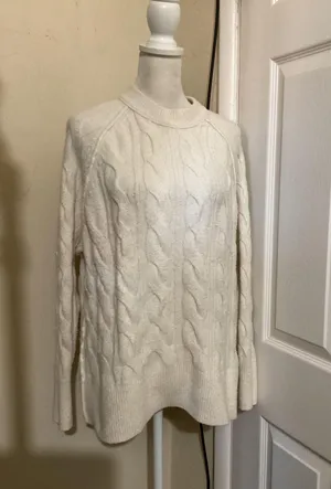 Aerie Cable Knit Sweater Cream White Crew Neck Pullover XXS 0970 thumbnail 1